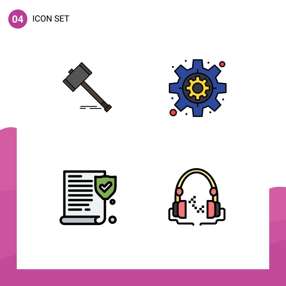 Set of 4 Modern UI Icons Symbols Signs for action settings gavel legal paper Editable Vector Design Elements