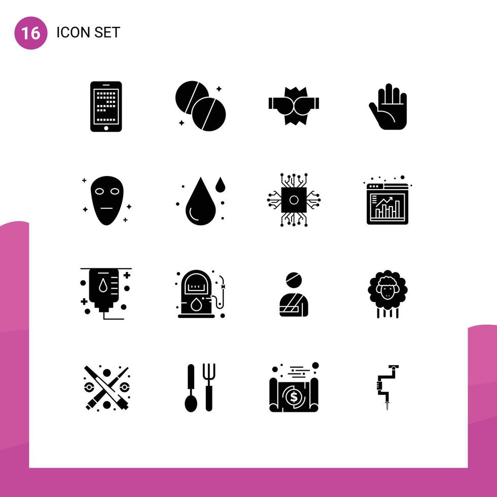 Mobile Interface Solid Glyph Set of 16 Pictograms of drink space boxing galaxy hand Editable Vector Design Elements