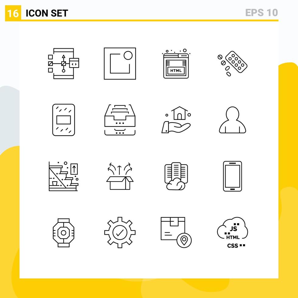 Mobile Interface Outline Set of 16 Pictograms of grouts treatment coding tablet medicine Editable Vector Design Elements