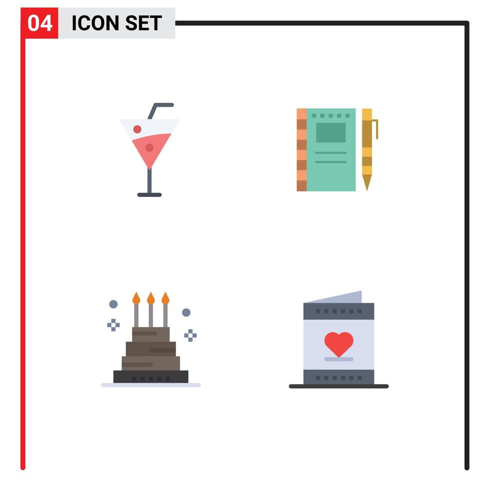 4 iconos planos vectoriales temáticos y símbolos editables de elementos de diseño vectorial editables de evento de cuaderno de bebidas de pastel de playa vector
