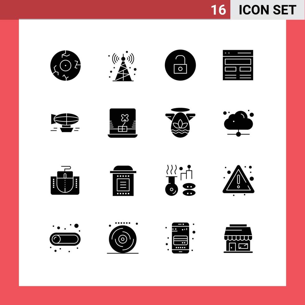 Pack of 16 Modern Solid Glyphs Signs and Symbols for Web Print Media such as ballon user media interface header Editable Vector Design Elements