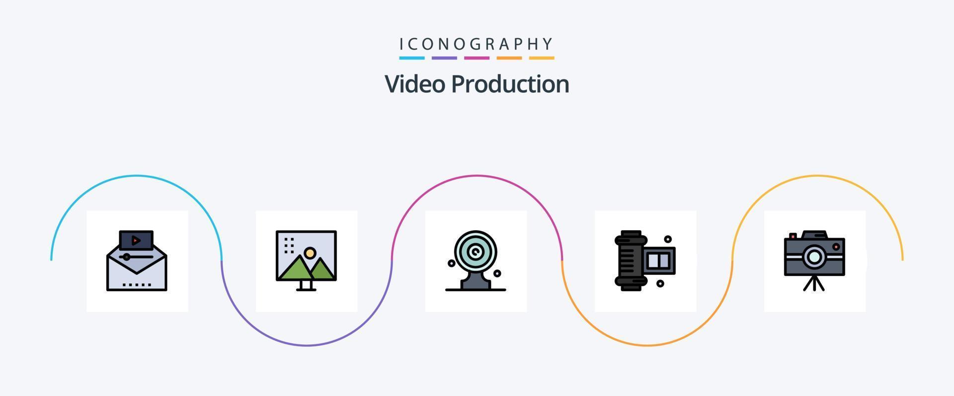 Video Production Line Filled Flat 5 Icon Pack Including camera roll film. ancient camera roll. photo editing. target board. media target vector