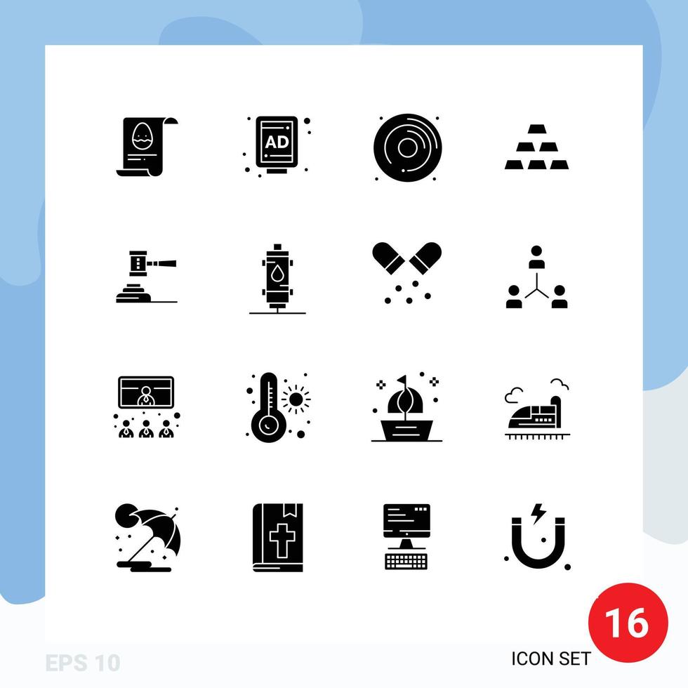 Solid Glyph Pack of 16 Universal Symbols of auction law dvd stack gold Editable Vector Design Elements