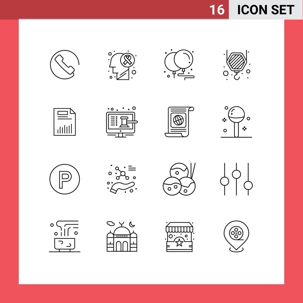Group of 16 Modern Outlines Set for finance business birthday document crane Editable Vector Design Elements