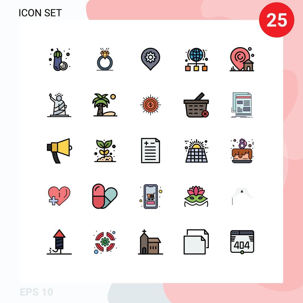 25 Universal Filled line Flat Color Signs Symbols of location network gear link globe Editable Vector Design Elements