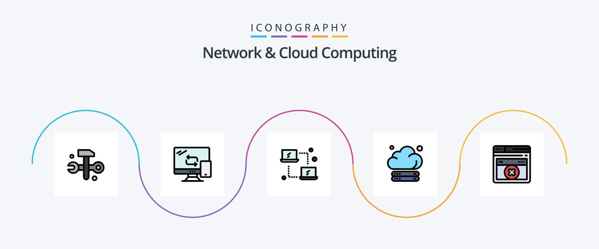 Network And Cloud Computing Line Filled Flat 5 Icon Pack Including web. technology. computing. storage. cloud vector