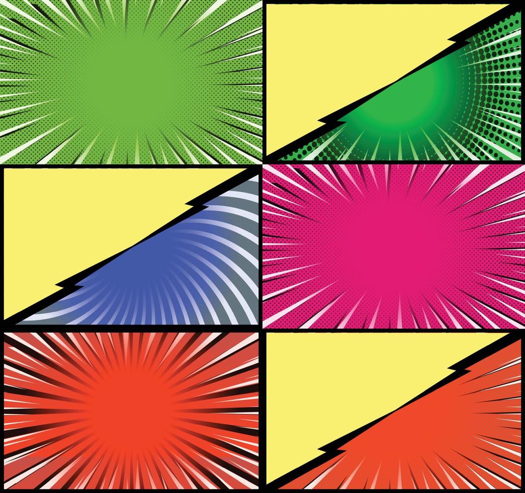 Comic book colorful frames background with halftone rays radial and dotted effects pop art style vector