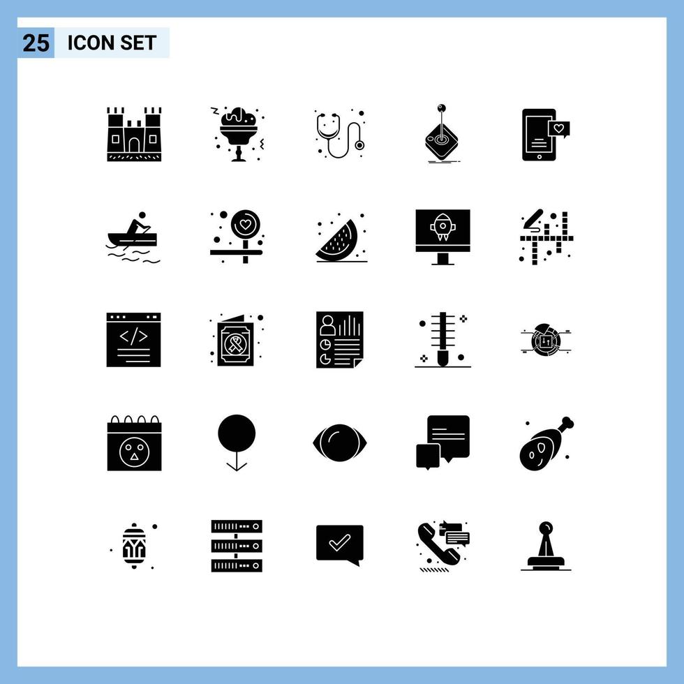 Group of 25 Solid Glyphs Signs and Symbols for chat bubble mobile medicine stick gaming Editable Vector Design Elements