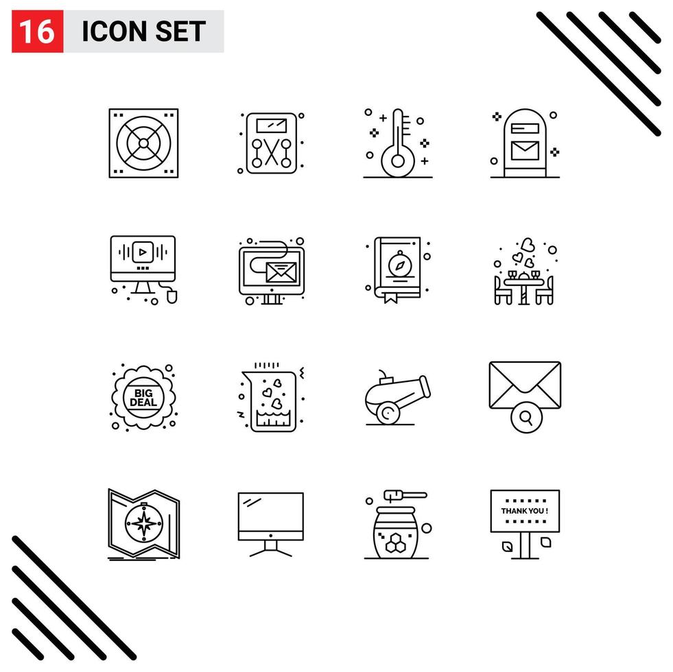 16 símbolos de signos de esquema universales de elementos de diseño de vector editables de oficina de video de vacaciones de youtube web