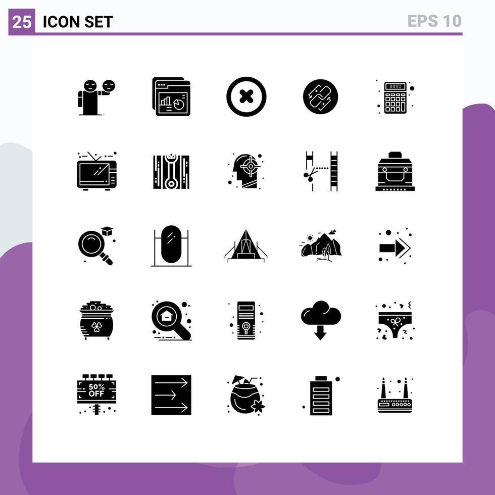Mobile Interface Solid Glyph Set of 25 Pictograms of calculator connection website url link Editable Vector Design Elements