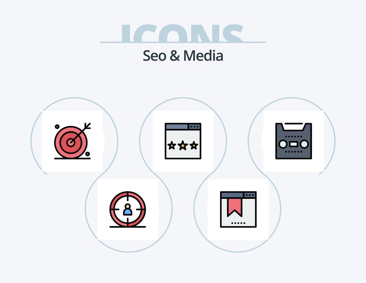 seo y línea de medios llenos de iconos paquete 5 diseño de iconos. página. medios de comunicación. reproductor multimedia. motor. interfaz de usuario vector