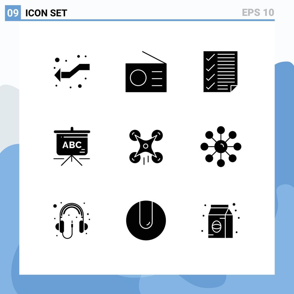 9 Thematic Vector Solid Glyphs and Editable Symbols of drone schoolbag check education report Editable Vector Design Elements