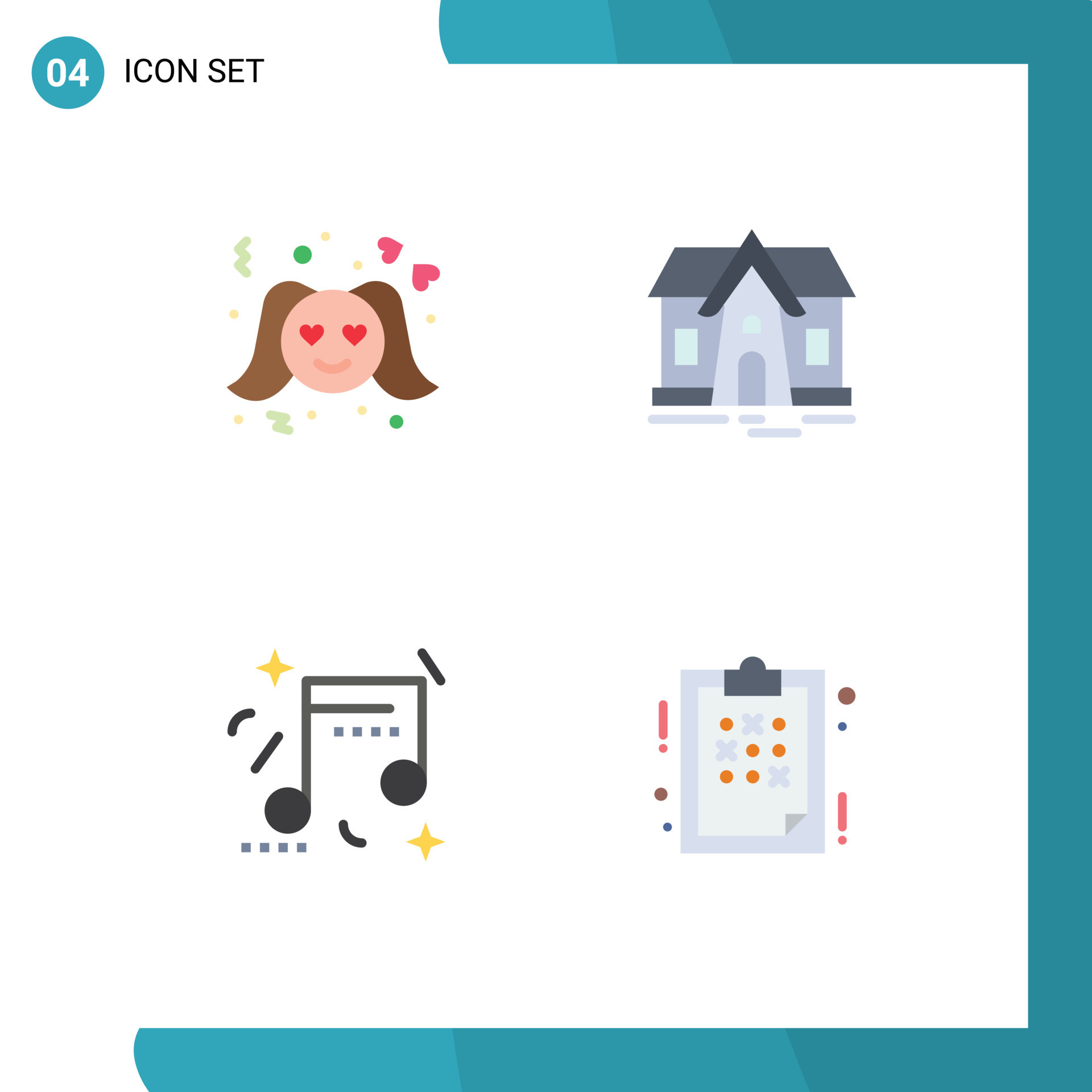 Set of 4 Commercial Flat Icons pack for love music woman real estate
