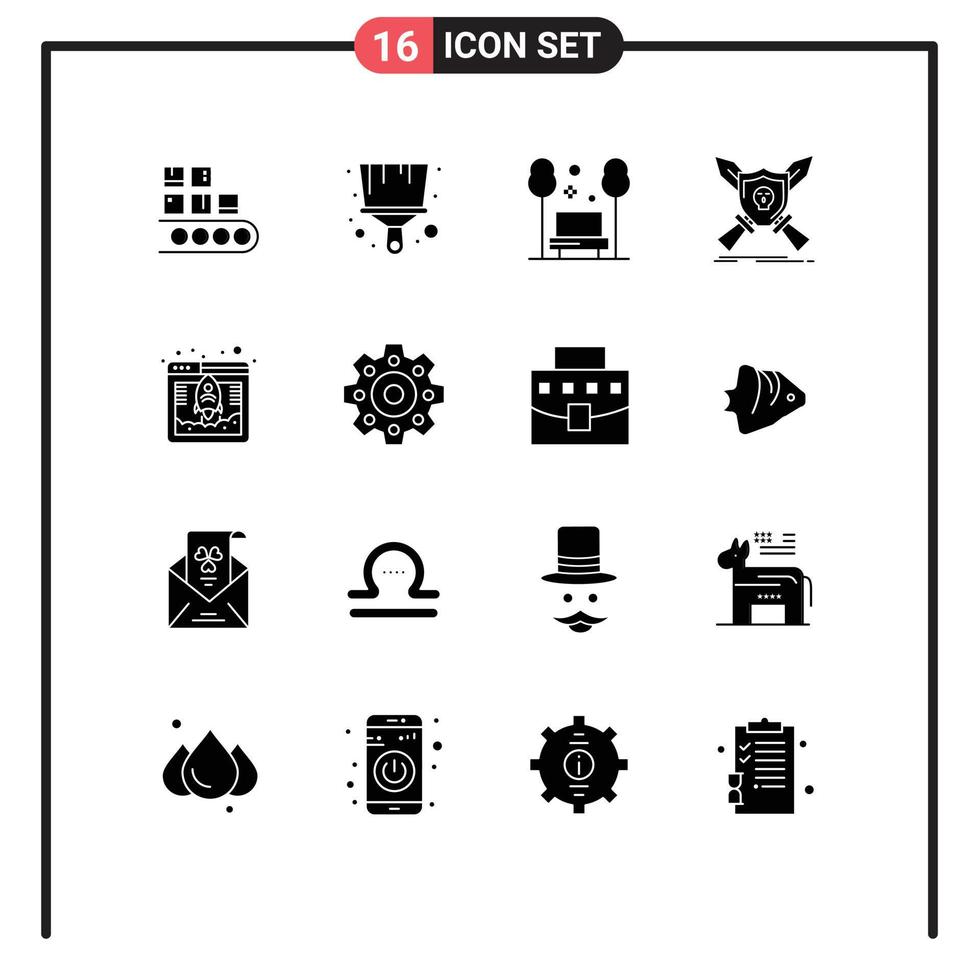 Modern Set of 16 Solid Glyphs and symbols such as swords game chair emblem travel Editable Vector Design Elements