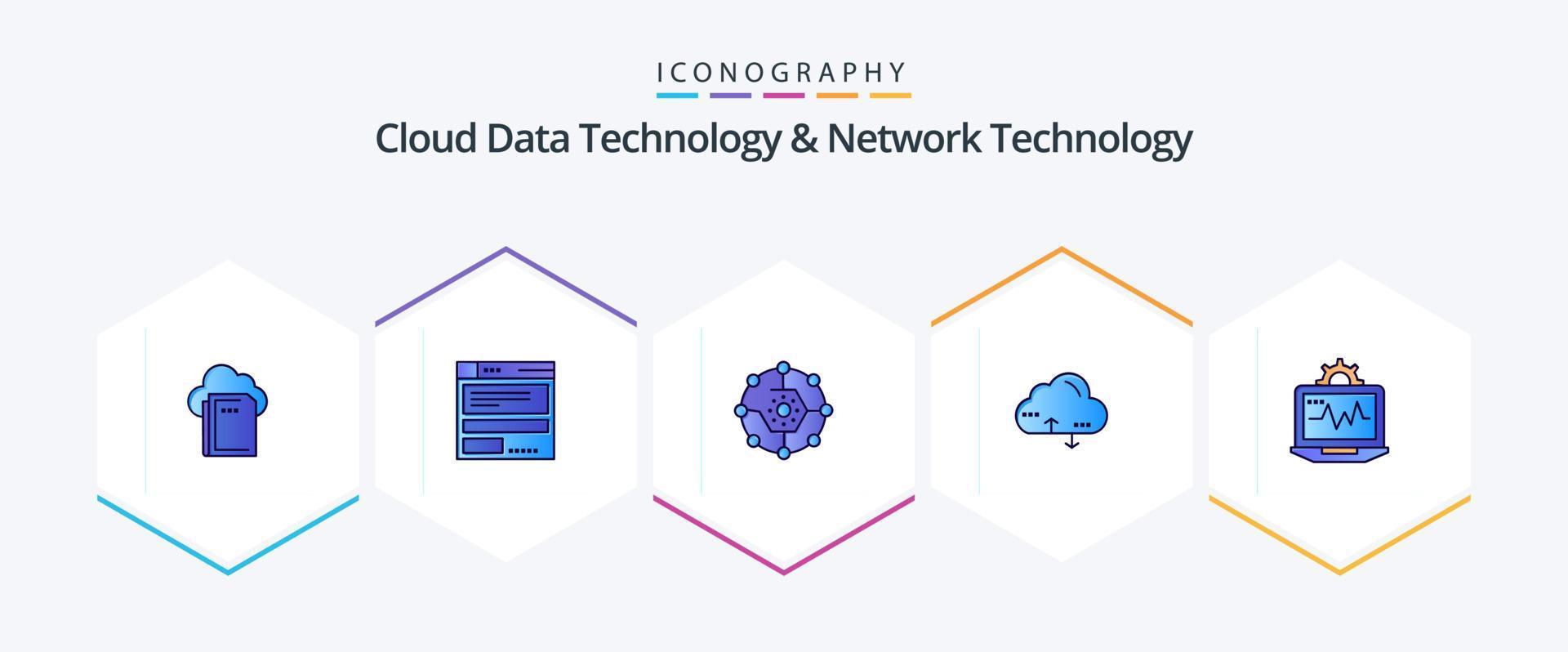 Cloud Data Technology And Network Technology 25 FilledLine icon pack including laptop. link. computing. computing. share vector