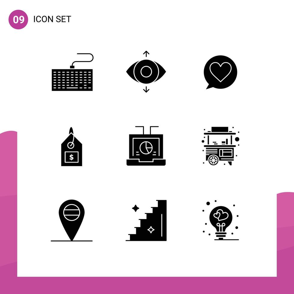 Mobile Interface Solid Glyph Set of 9 Pictograms of report data love business label Editable Vector Design Elements