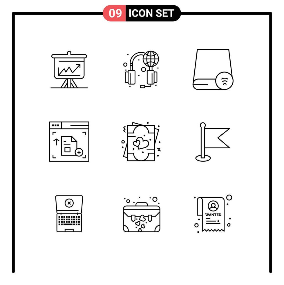 Pictogram Set of 9 Simple Outlines of invite web world interface gadget Editable Vector Design Elements