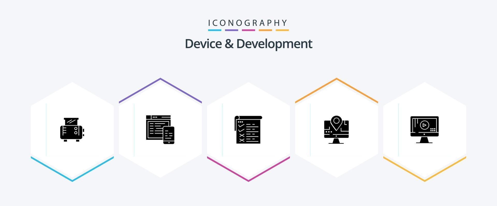 Device And Development 25 Glyph icon pack including play. computer. testing. education. map vector