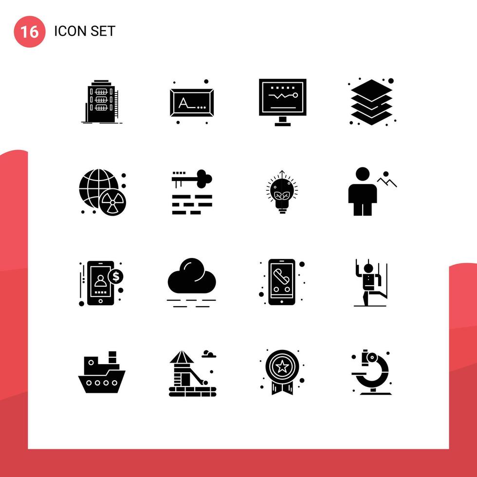 Mobile Interface Solid Glyph Set of 16 Pictograms of nuclear server cardiogram layers hospital Editable Vector Design Elements