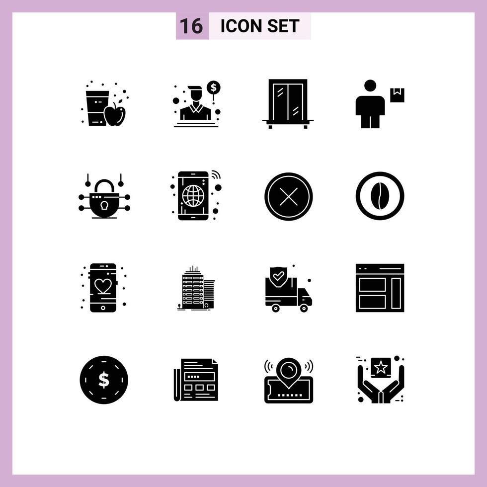 Set of 16 Commercial Solid Glyphs pack for network shipment salesman package body Editable Vector Design Elements