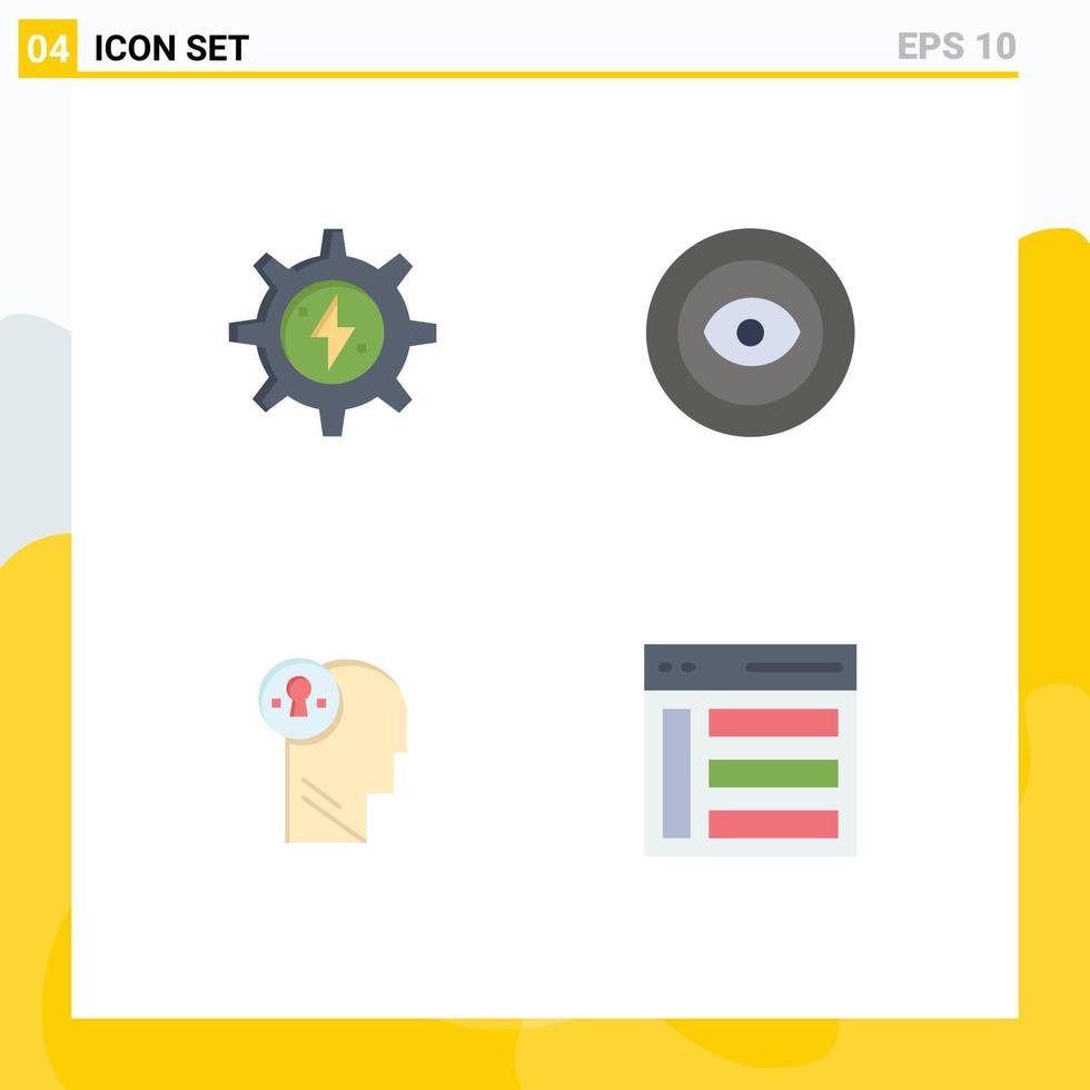 Group of 4 Flat Icons Signs and Symbols for gear head power eye mind Editable Vector Design Elements