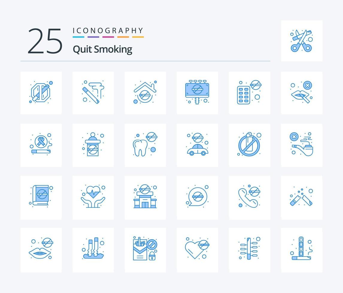 Quit Smoking 25 Blue Color icon pack including sign board. vaping. not allowed. block vector