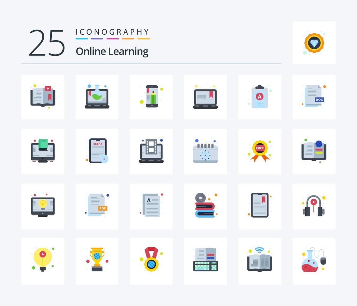 Online Learning 25 Flat Color icon pack including check list. note. educational app. learning. course vector