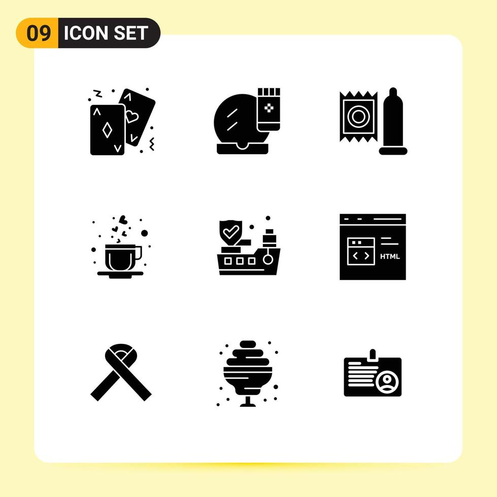 Modern Set of 9 Solid Glyphs and symbols such as ship heart makeover coffee medical Editable Vector Design Elements