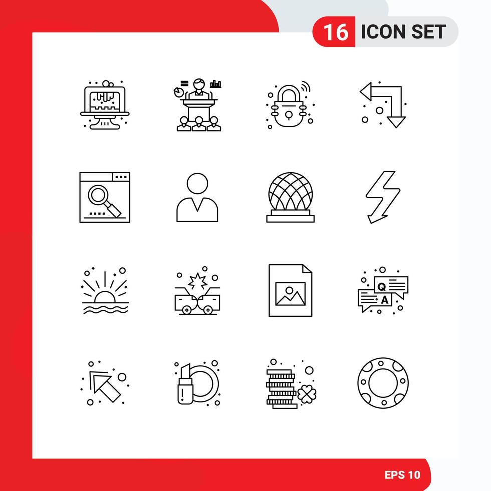 Group of 16 Modern Outlines Set for engine up left seminar arrows secure Editable Vector Design Elements