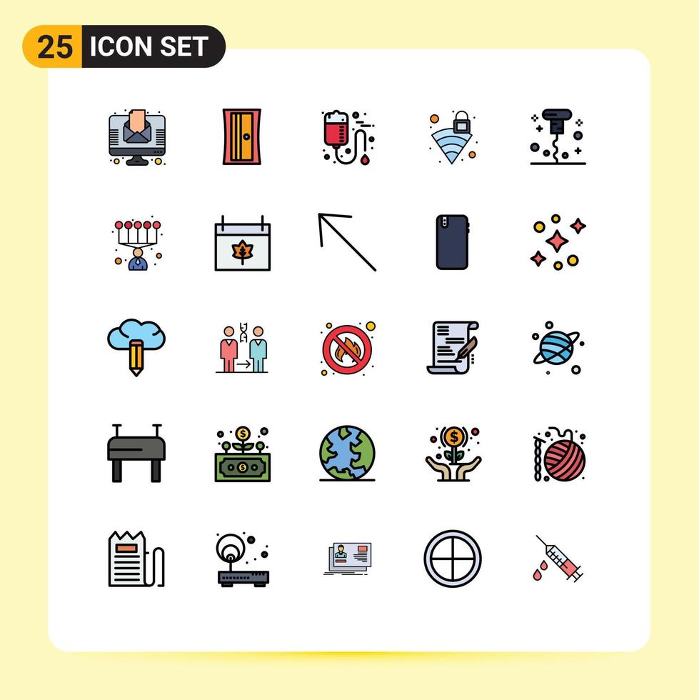 Group of 25 Filled line Flat Colors Signs and Symbols for corkscrew wifi blood signal lock Editable Vector Design Elements