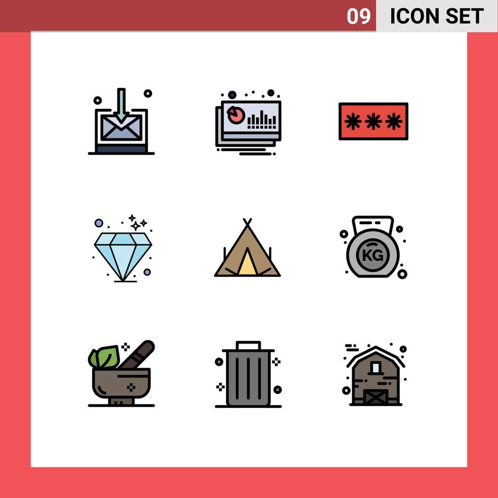 Pictogram Set of 9 Simple Filledline Flat Colors of tent investment code gem pin Editable Vector Design Elements