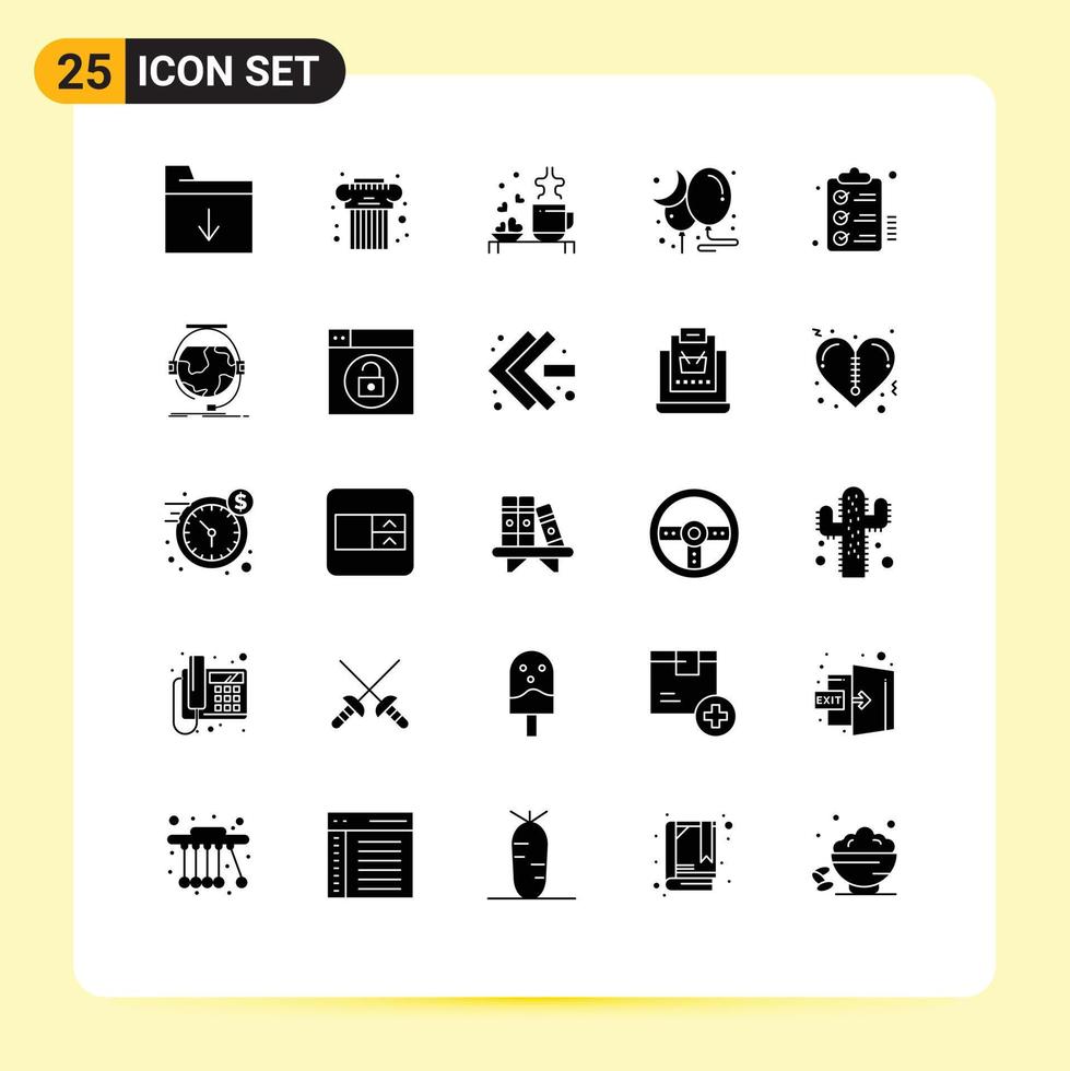 Modern Set of 25 Solid Glyphs Pictograph of checklist night cup moon wedding Editable Vector Design Elements