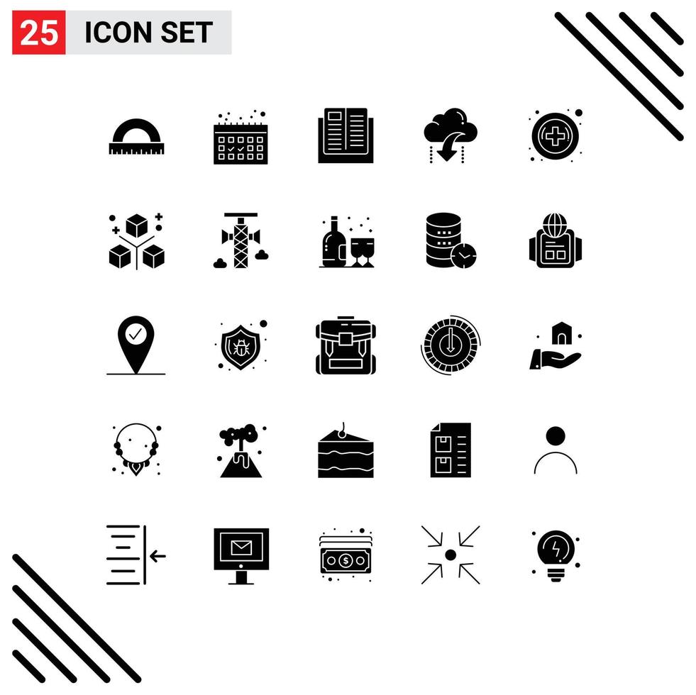 Group of 25 Modern Solid Glyphs Set for data down e cloud school Editable Vector Design Elements