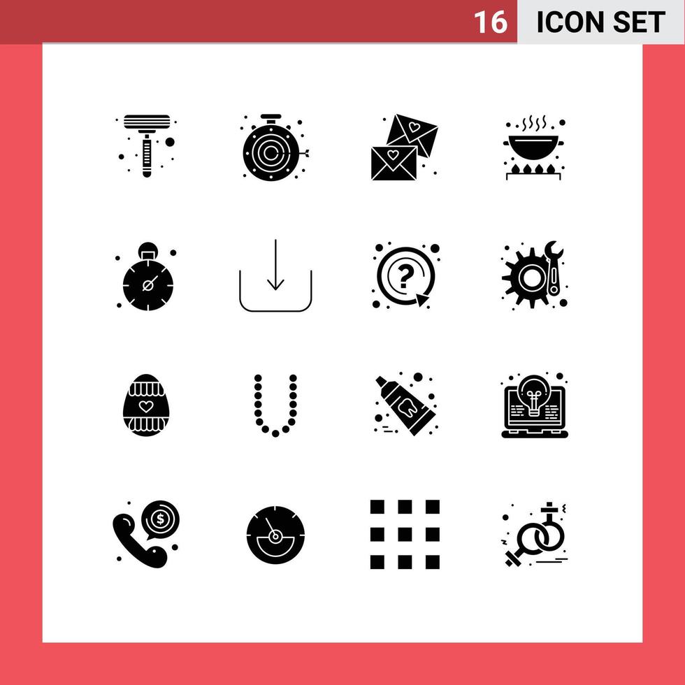 Mobile Interface Solid Glyph Set of 16 Pictograms of time business love pan cooking Editable Vector Design Elements