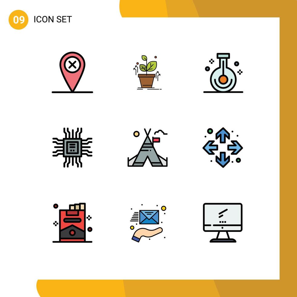 Stock Vector Icon Pack of 9 Line Signs and Symbols for tent technology chemistry learning book Editable Vector Design Elements