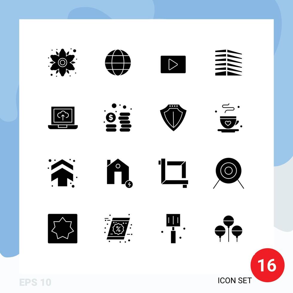 16 Universal Solid Glyph Signs Symbols of upload estate paly real house Editable Vector Design Elements