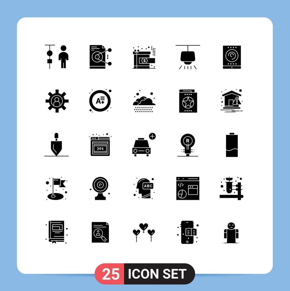 Universal Icon Symbols Group of 25 Modern Solid Glyphs of office lamp work chandelier present Editable Vector Design Elements