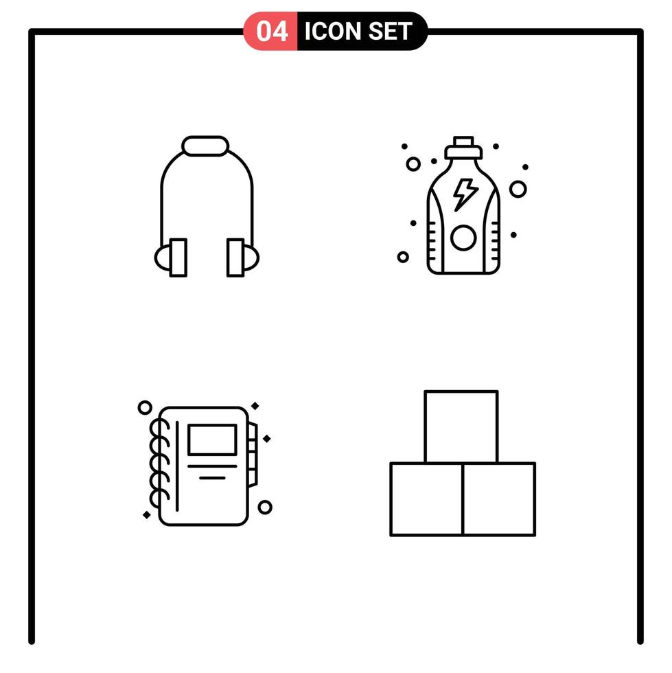 4 User Interface Line Pack of modern Signs and Symbols of headphone notebook music health blocks Editable Vector Design Elements