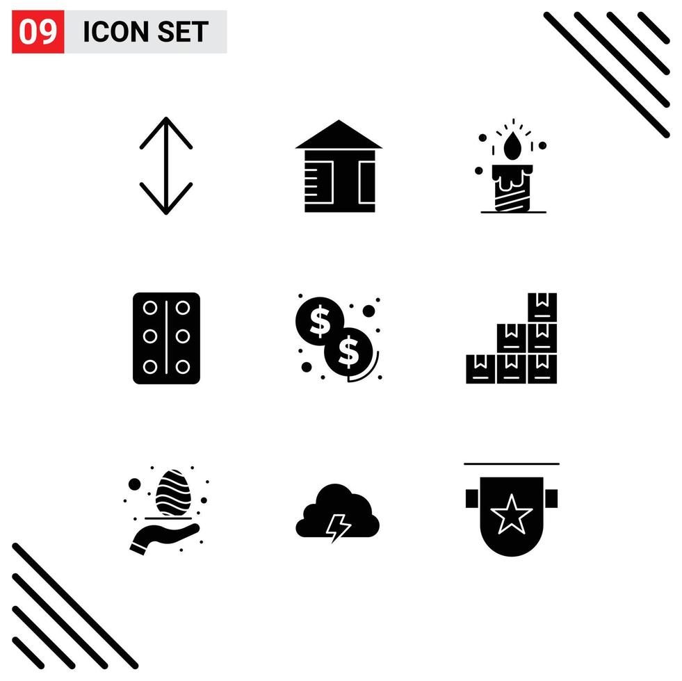 Pack of 9 creative Solid Glyphs of boxes payment wedding investment tablets Editable Vector Design Elements