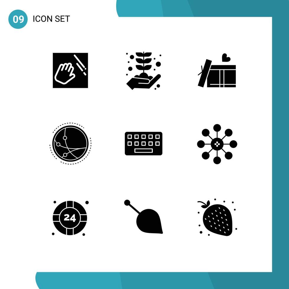 Set of 9 Vector Solid Glyphs on Grid for typing network giftbox internet communication Editable Vector Design Elements