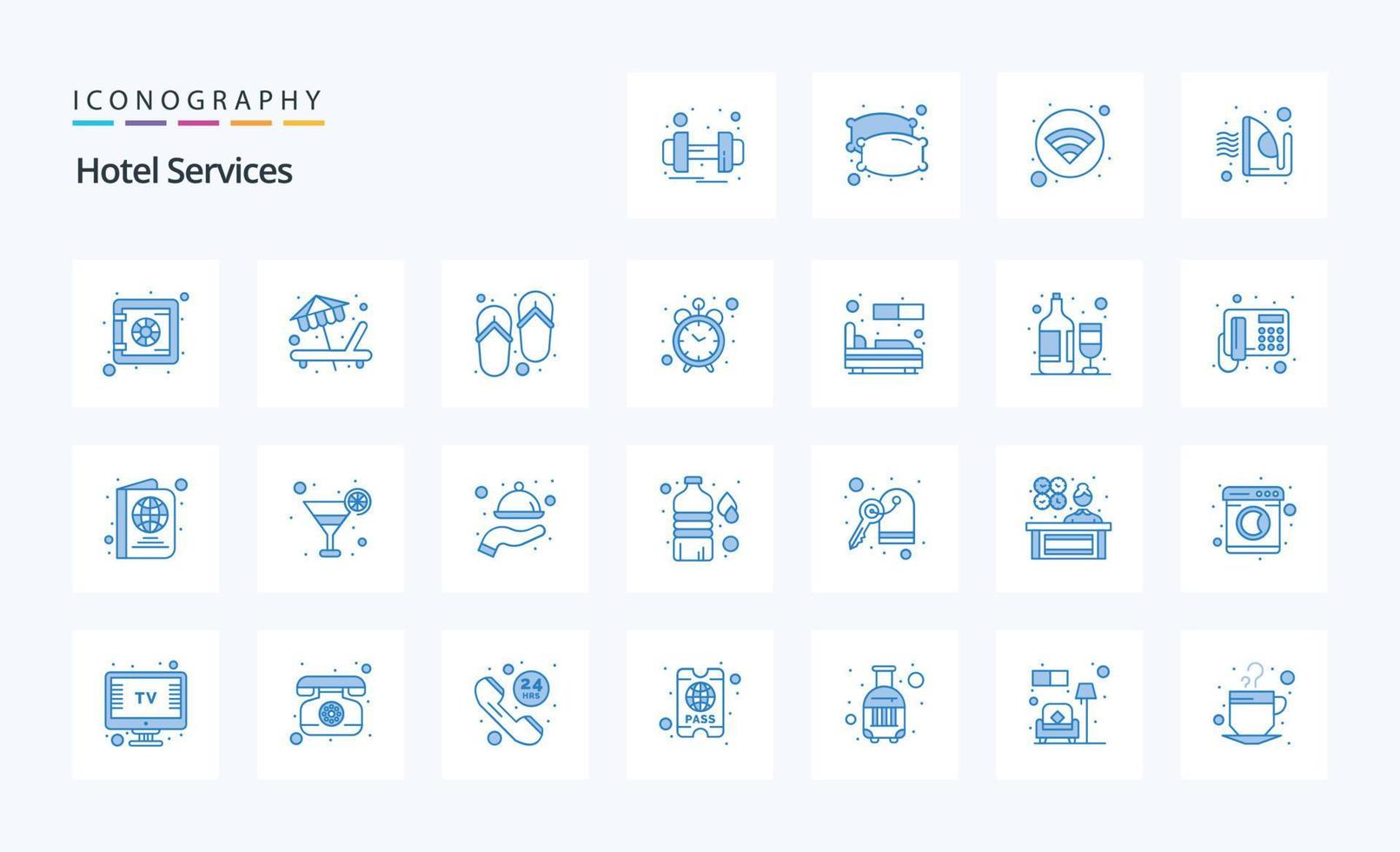 paquete de iconos azules de 25 servicios de hotel vector