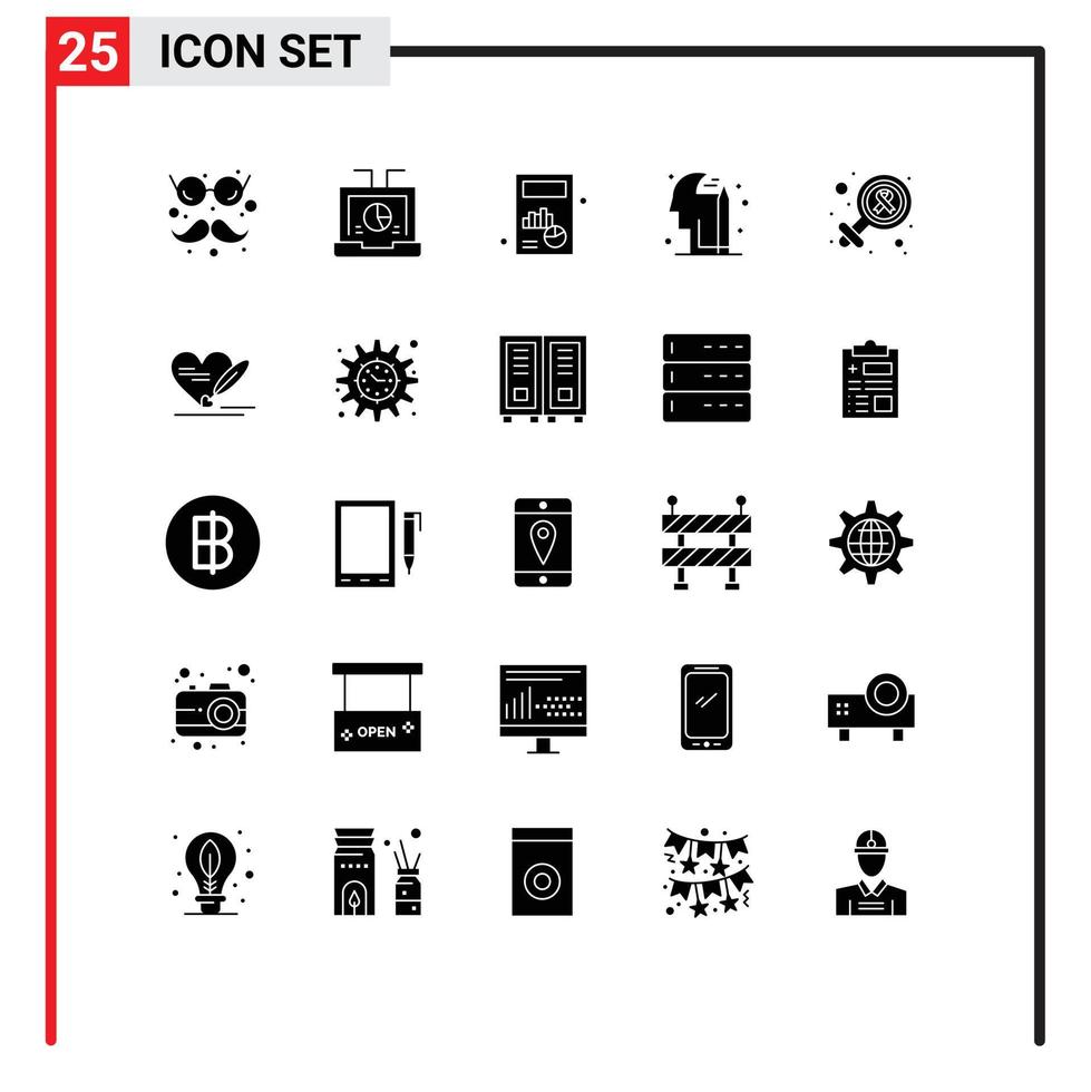 25 Universal Solid Glyph Signs Symbols of gender pencile seo mind graph Editable Vector Design Elements