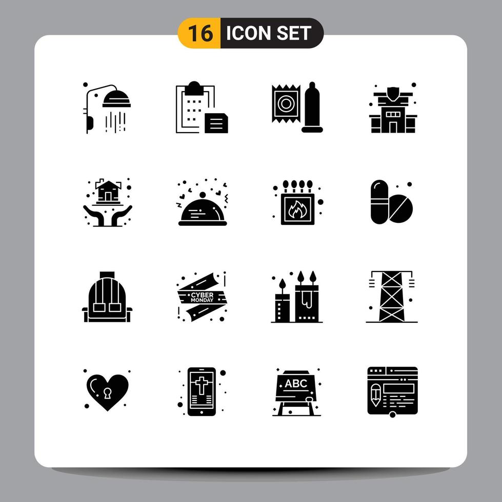 Modern Set of 16 Solid Glyphs Pictograph of house hand condom property home Editable Vector Design Elements