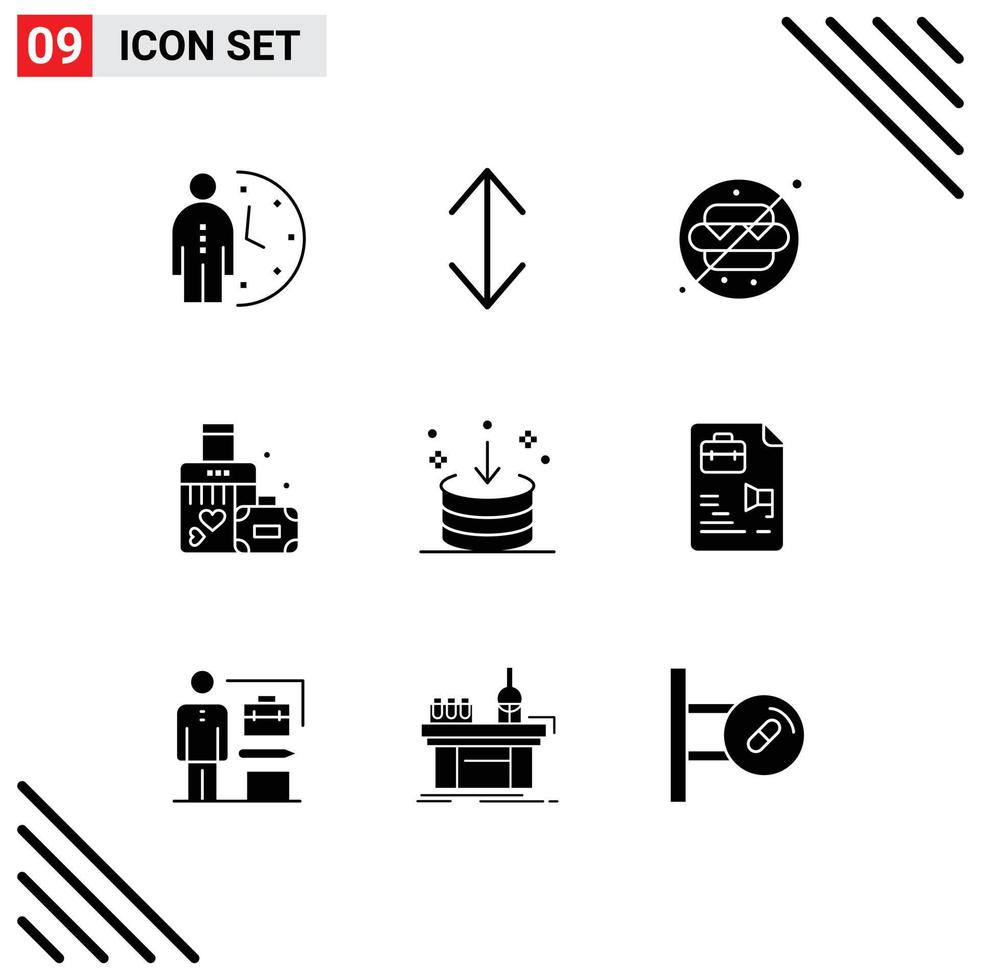 User Interface Pack of 9 Basic Solid Glyphs of down wedding no food heart briefcase Editable Vector Design Elements