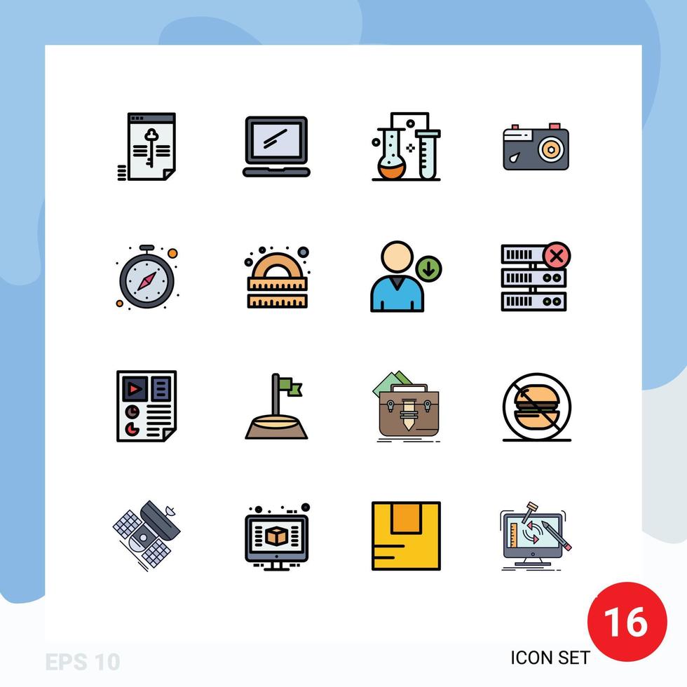 Set of 16 Vector Flat Color Filled Lines on Grid for picture camera imac scientific research science lab Editable Creative Vector Design Elements