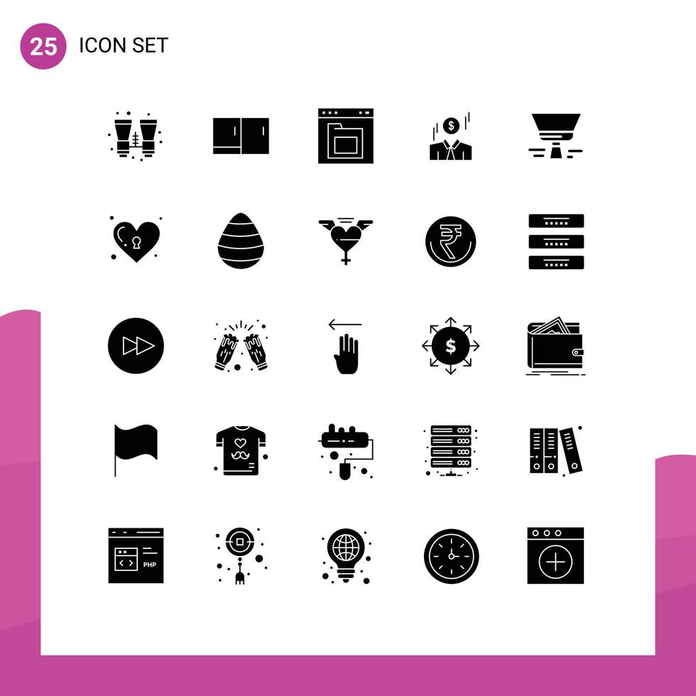 Mobile Interface Solid Glyph Set of 25 Pictograms of brush man browser dollar interface Editable Vector Design Elements