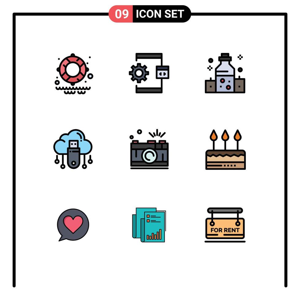 Pack of 9 creative Filledline Flat Colors of camera cloud healthcare online usb Editable Vector Design Elements