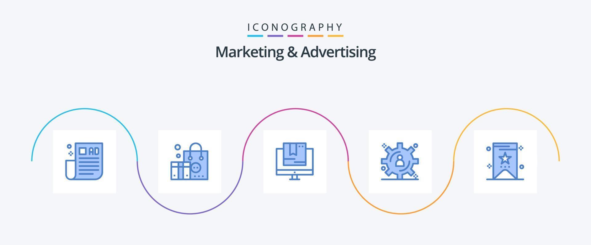 paquete de 5 íconos azules de marketing y publicidad que incluye el precio. gestión de datos. comercio. almacenamiento de contenido tecnología vector