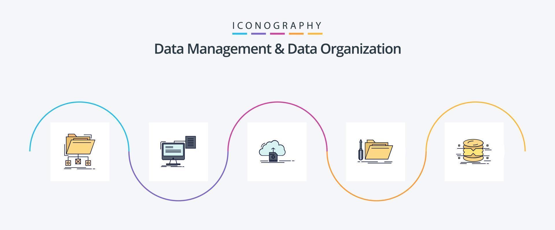 la gestión de datos y la línea de organización de datos llenaron el paquete de iconos planos 5 que incluye la reparación. carpeta. CV. informática. salvar vector