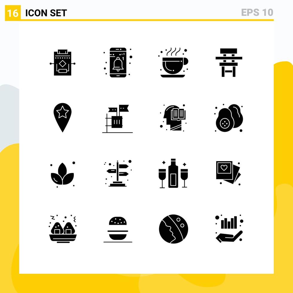Group of 16 Solid Glyphs Signs and Symbols for location furniture cafe education class Editable Vector Design Elements